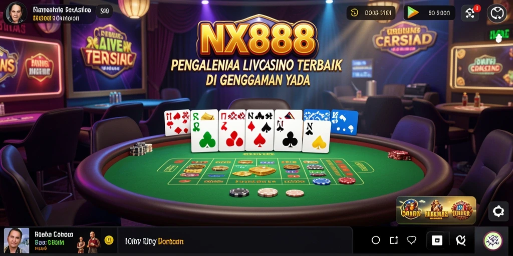 Tangkapan layar utama NX888 menampilkan dealer langsung dan suasana permainan casino yang mengasyikkan.