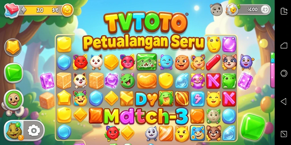 Screenshot utama dari gameplay seru TVTOTO yang menampilkan permata berwarna-warni.