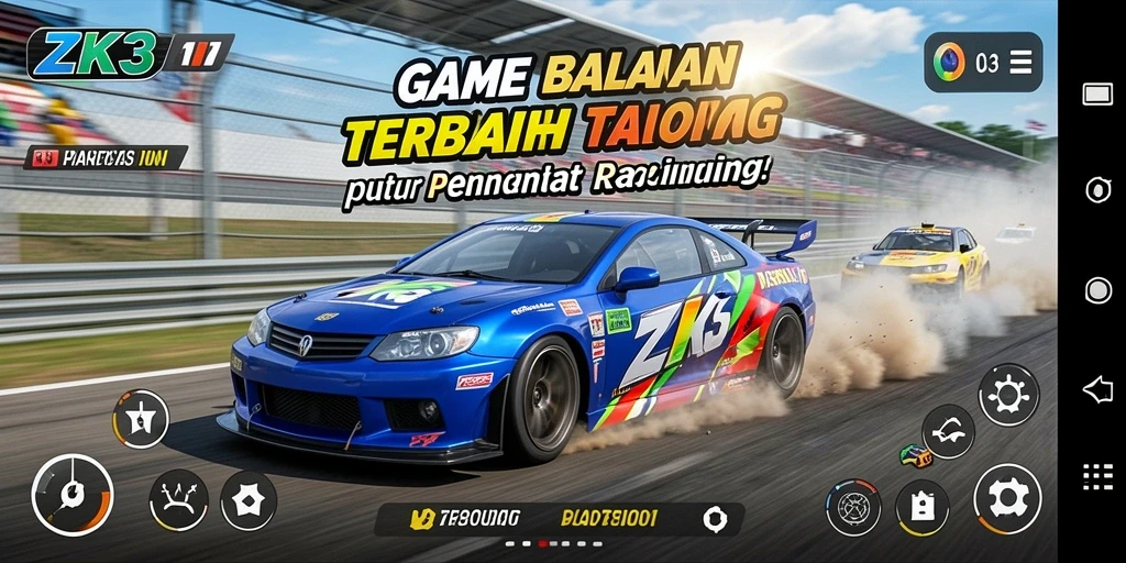 Tampilan gameplay ZK3 dengan mobil balap yang melaju kencang.
